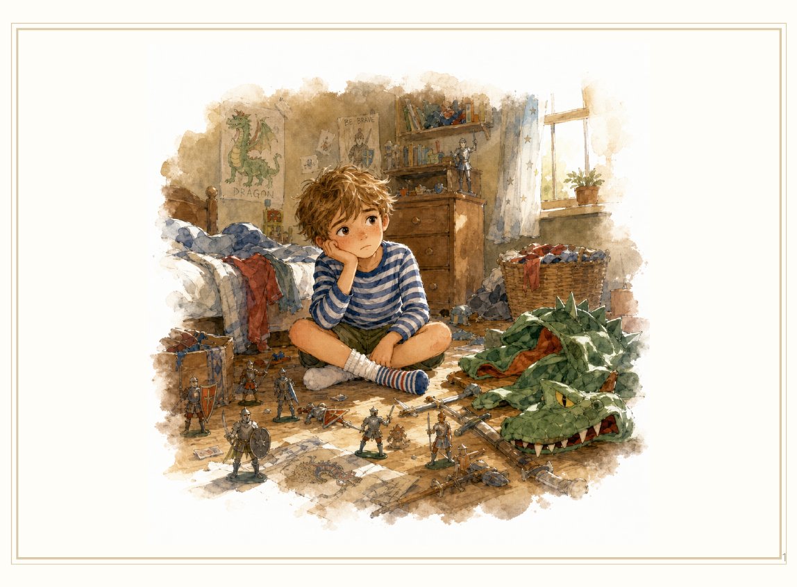 Hunter sitting among scattered toy soldiers and a green toy dragon, chin in hand, looking a little deflated.