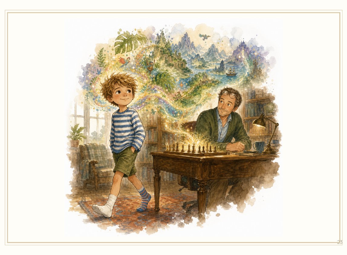Hunter beside his neatly arranged chessboard — his toys given roles, his play under his command.