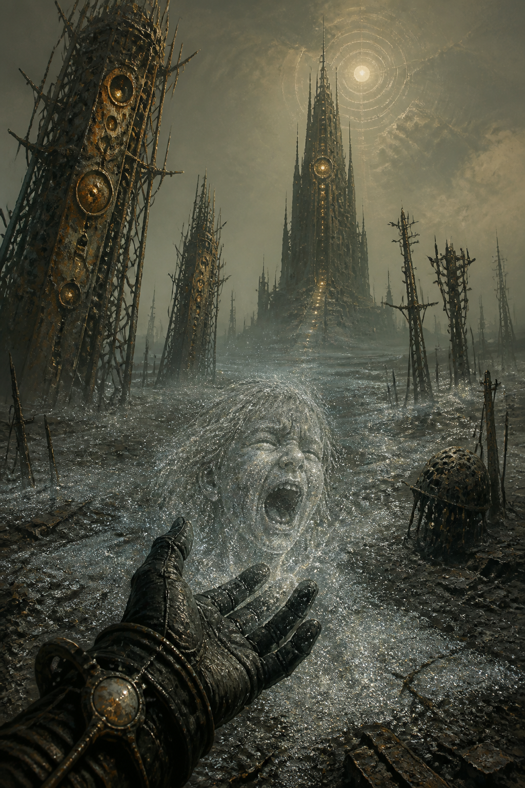 A ruined city of toppled spires under an ashen sky, a single figure dwarfed by the wreckage
