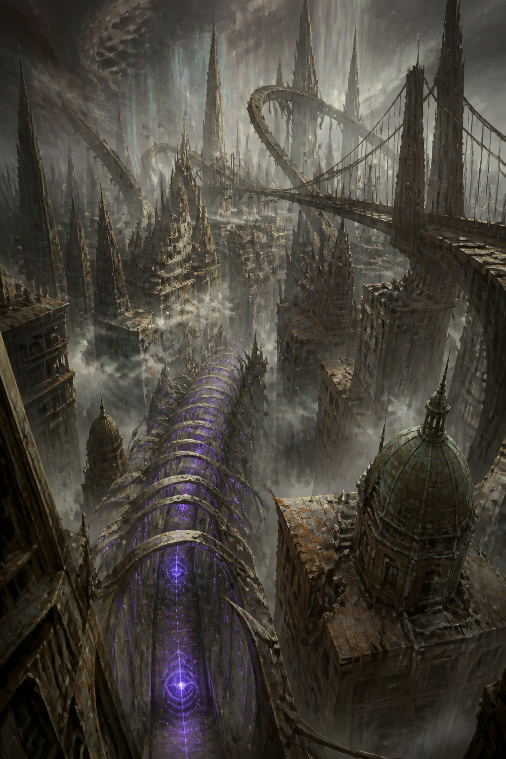 A vast crumbling metropolis traversed by impossible bridges, lit by a thin purple thread of light