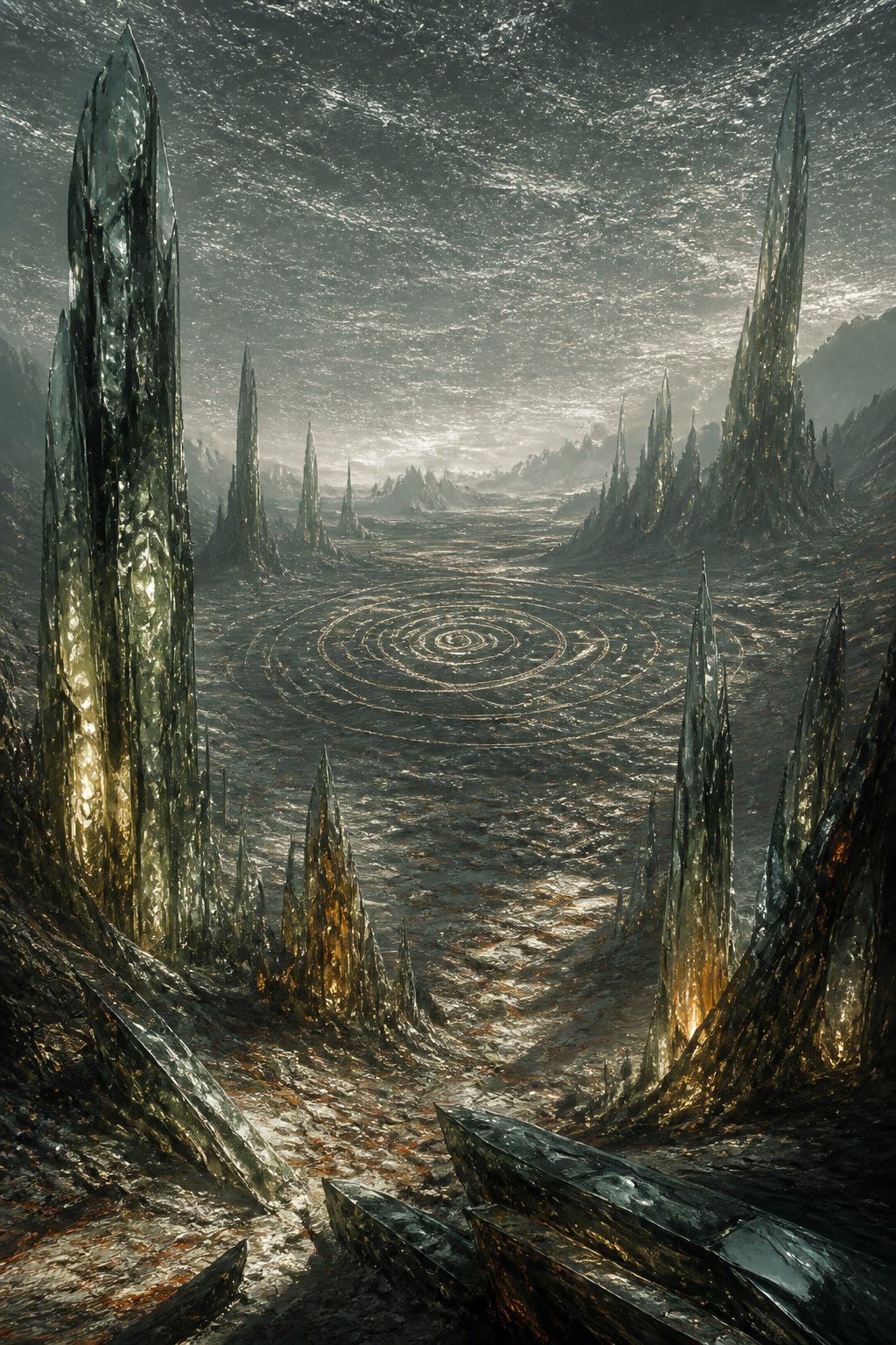 A glyph-scarred horizon of black spires and glowing pits beneath a heavy sky